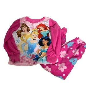 Disney Princess Fleece Pajama Set Sz 5T Pink Cinderella Belle Ariel Jasmine